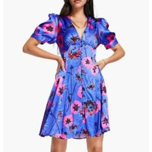 Topshop Floral Print Button Down Puff Sleeve Mini Dress Size 2